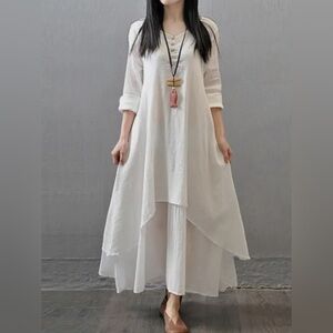 NWT White Cotton Blend Split-Joint Boho midi Dress